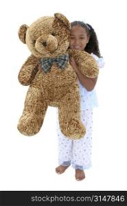 Beautiful Six Year Old Girl In Pajamas With Giant Teddy Bear over white.