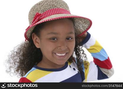 Beautiful Six Year Old Girl In Summer Hat and bold colors.