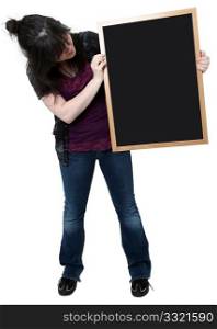 Beautiful sixteen year old highschool student with blank chalkboard.