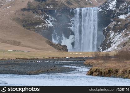 Beautiful Skogafoss on a cold winter day, Iceland, Europe