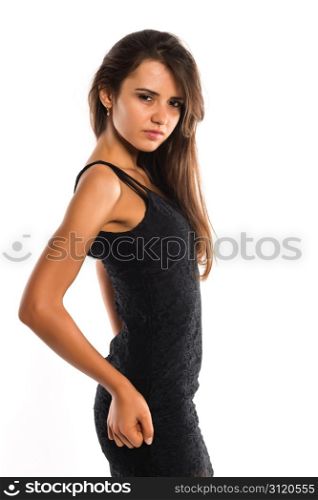 Beautiful slender Romanian woman in a short black dress