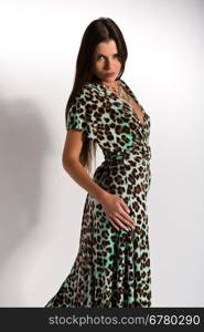 Beautiful slender Ukrainian woman in a leopard print dress