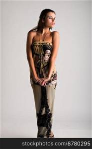 Beautiful slender Ukrainian woman in a strapless gown