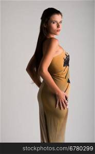 Beautiful slender Ukrainian woman in a strapless gown