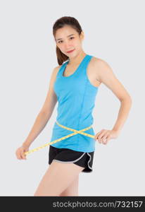 Beautiful slim young asian woman measuring tape thin waist wear uniform fitness isolated white background, asia girl loss weight for diet with exercise and workout wellbeing and healthy care body.