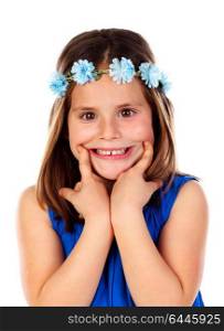 Beautiful small girl with blue dress and a flowersA? wreath on her head showing the smile isolated on a white background
