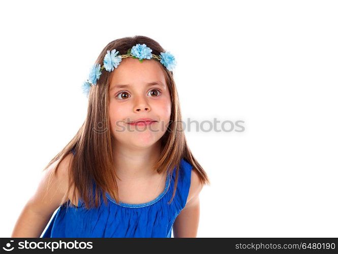 Beautiful small girl with blue dress and a flowersA? wreath on her head isolated on a white background