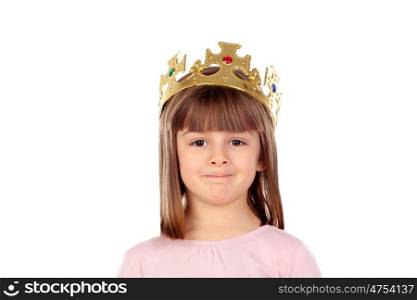 Beautiful small girl with golden crown of princess isolated on a white background