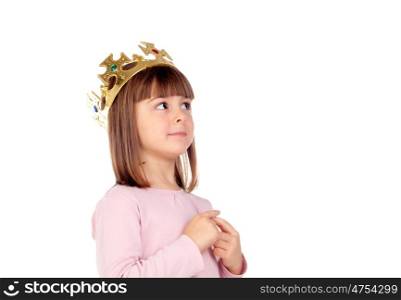 Beautiful small girl with golden crown of princess isolated on a white background