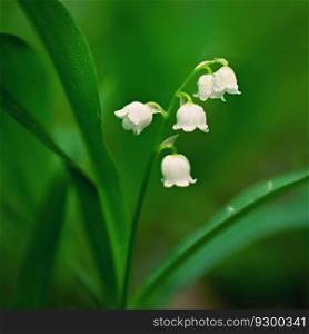 Beautiful small white flowers of spring plant. A poisonous plant with green leaves. Lily of the valley (Convallaria majalis) Background for spring time.