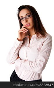 Beautiful smart successful Caucasian Hispanic entrepreneur business woman standing, wearing dark blue pants, pink shirt and glasses, thinking, isolated.