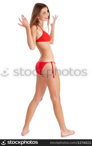 Beautiful smiling bikini girl isolated on white background