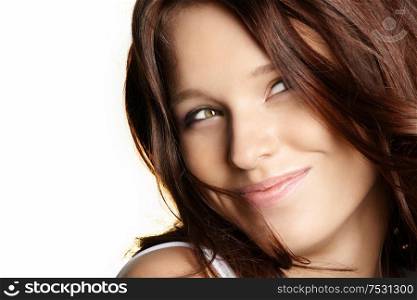Beautiful smiling curly woman on a white background