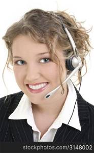 Beautiful Smiling Customer Service or Sales Representative. Curly blonde hair and a great smile.