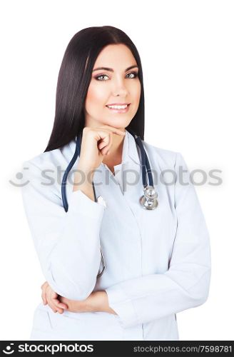 beautiful smiling doctor with stethoscope on white background