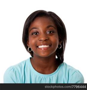 Beautiful smiling face of a happy African teenager girl, isolated.