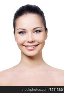 Beautiful smiling face of young woman with healthy clean skin - isolated