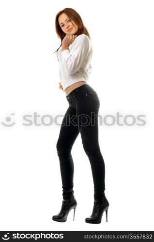 Beautiful smiling girl in black tight jeans