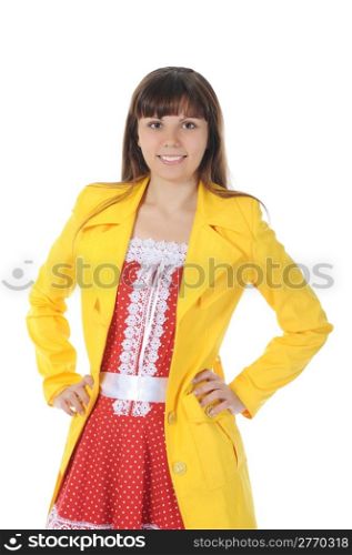 beautiful smiling girl in in a yellow raincoat. Isolated on white background