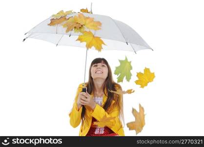 beautiful smiling girl in in a yellow raincoat. Isolated on white background