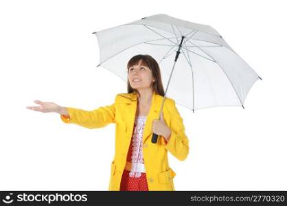 beautiful smiling girl in in a yellow raincoat with umbrella. Isolated on white background