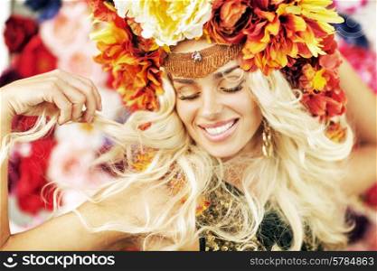 Beautiful smiling lady with a lot of flowers