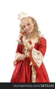 Beautiful smiling little girl with long blonde hair in the princess costume standing with red rose at the white background. Red and gold empire dress