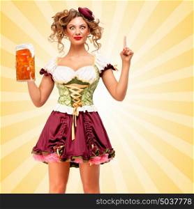 Beautiful smiling sexy Oktoberfest waitress wearing a traditional Bavarian dress dirndl holding a beer mug, and coming up with idea on colorful abstract cartoon style background.
