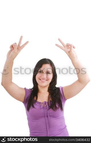beautiful smiling woman making victory sign with both of her hands, smiling and looking into the camera