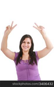 beautiful smiling woman making victory sign with both of her hands, smiling and looking into the camera