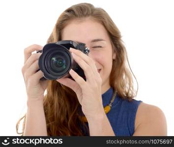 Beautiful smiling woman with digital camera. Isolated on white background