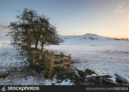 Beautiful snow covered sunrise Winter countryside landscape