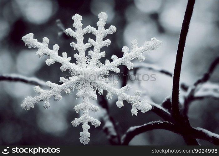 Beautiful snow flake at forest in winter, cute little snow at tree branch