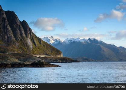 Beautiful snow mountain landscape with blue sky, Lofoten, Northern Norway