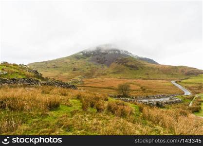 Beautiful Snowdonia Mountain with snow, Mynydd Drws-y-coed, Rhyd Ddu, Snowdonia, North Wales, Gwynedd, landscape, wide angle