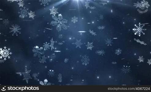 Beautiful snowflakes falling on blue background. Winter, Christmas, New Years, Holidays background. Seamless looping