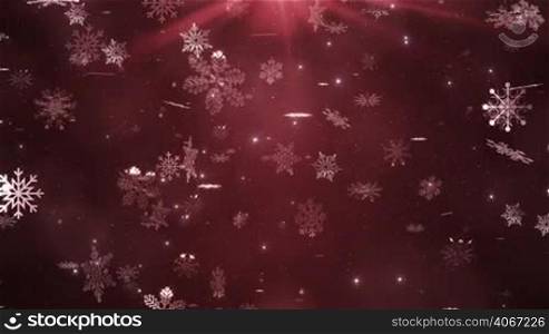 Beautiful snowflakes falling on red background. Winter, Christmas, New Years, Holidays background. Seamless looping