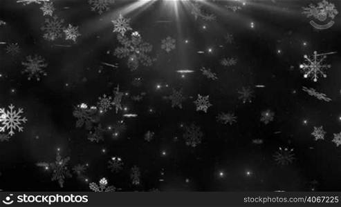 Beautiful snowflakes falling on transparent background. Winter, Christmas, New Years, Holidays background. Alpha matte seamless looping