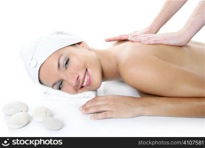 Beautiful spa blue eyes woman having massage over white background