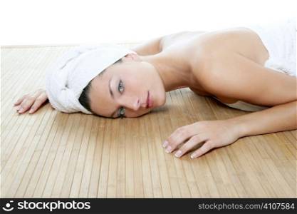 Beautiful spa blue eyes woman relax over white background