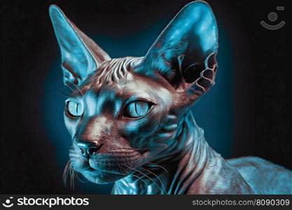 Beautiful Sphynx cat portrait in blue colors. Neural network AI generated art. Beautiful Sphynx cat portrait in blue colors. Neural network generated art