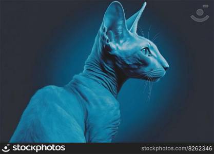 Beautiful Sphynx cat portrait in blue colors. Neural network AI generated art. Beautiful Sphynx cat portrait in blue colors. Neural network generated art
