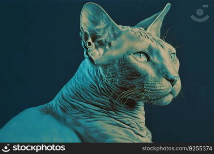 Beautiful Sphynx cat portrait in blue colors. Neural network AI generated art. Beautiful Sphynx cat portrait in blue colors. Neural network generated art