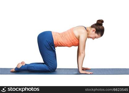 Beautiful sporty fit woman practices yoga asana bitilasana - cow pose gentle warm up for spine (also called cat-cow pose) in studio isolated on white. Beautiful sporty fit yogi girl practices yoga asana bitilasana