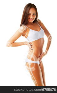 Beautiful sporty woman and holograms oh the body on white background