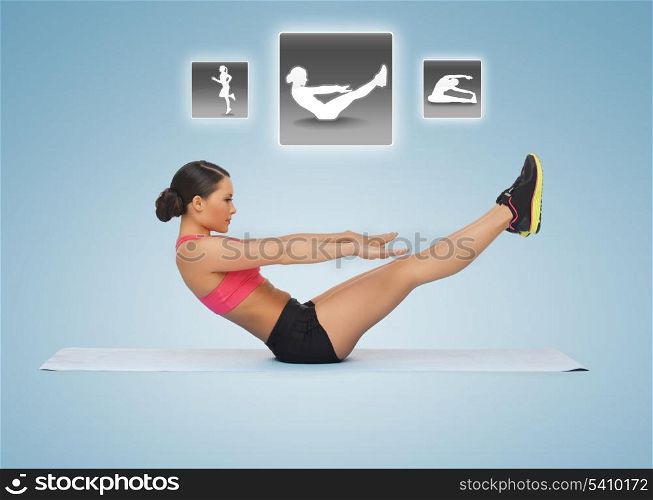 beautiful sporty woman doing exercises with virtual application