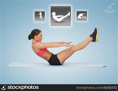 beautiful sporty woman doing exercises with virtual application