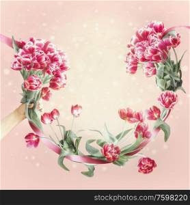 Beautiful spring background with tulips ribbon hanging garland in female hand at sunny pink background with copy space. Frame. Spring holidays. Mothers day greeting. Bokeh. Springtime concept