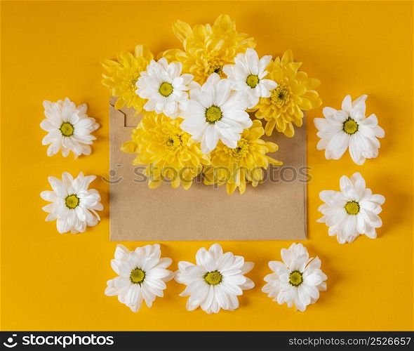 beautiful spring flowers composition with envelope