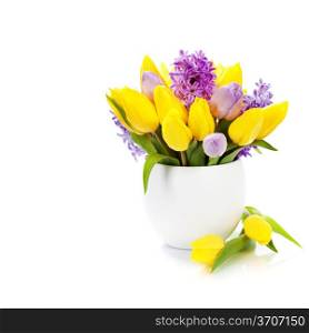 Beautiful spring flowers in vase over white